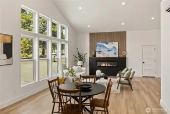 Triple-paned windows fill the living room with natural light