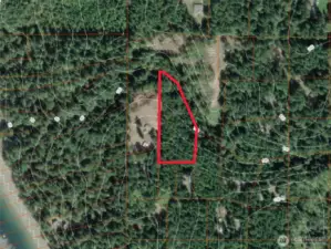 Overhead view with approximate boundaries in red and contours from County GIS.