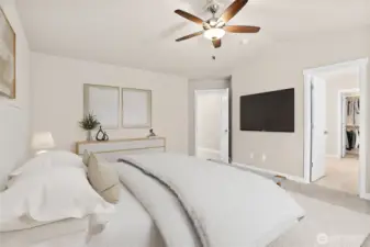 Virtually staged primary bedroom for illustration only.