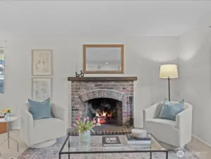 A cozy family room anchored by a charming wood-burning fireplace — perfect for relaxing evenings.