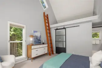 Primary bedroom has generous storage with loft and walk-in closet