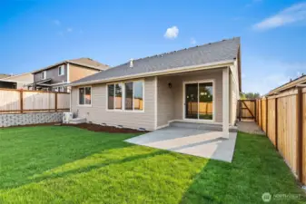 Fully landscaped backyard with privacy fencing, patio and easy access to front yard through side gate