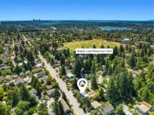 Aerial view of home showcasing close proximity to Maple Leaf Reservoir Park.