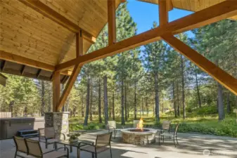Heated patio with gas fire pit and hot tub
