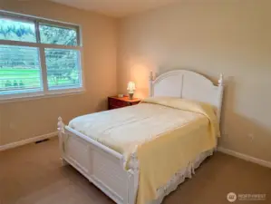 Spacious primary bedroom with ensuite 3/4 bath, walk-in closet and view to the back yard & golf course.