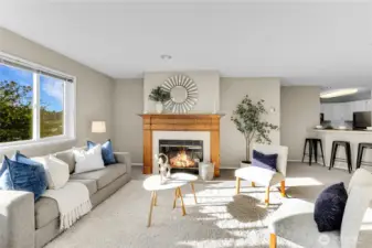 Large living area with wood burning fireplace