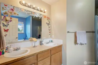 Double vanity with plenty of counter space.