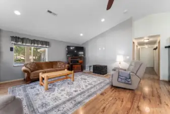 Open living room with beautiful flooring.