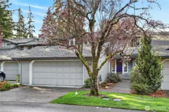 Charming townhome with 2-car garage, mature landscaping & blooming tree. Quiet setting with inviting entry, lush greenery & great curb appeal.