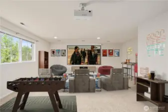 Giant bonus room set up for a theater rec room!