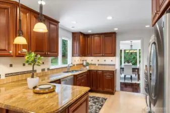 Kitchen has gorgeous solid granite counter tops