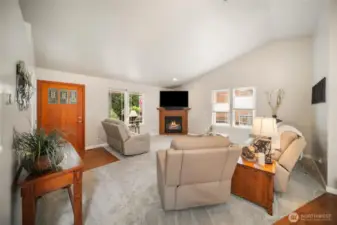 Double-pane windows with adjustable up-and-down window coverings let in plenty of natural light while offering privacy and control.