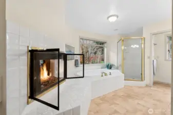 Primary bathroom with gas fireplace