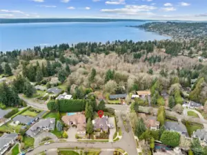 Aerial view highlights the home’s close proximity to Puget Sound.