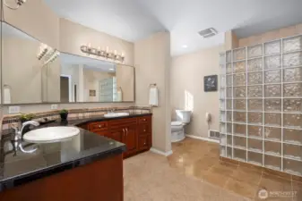Second floor primary bathroom with a huge walk in shower