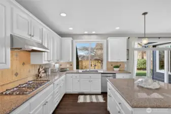Spacious kitchen with white cabinets, slab granite, and new cooktop, dishwasher, and fridge.