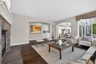 On the other side of the family room is a bar for additional storage & easy entertaining.