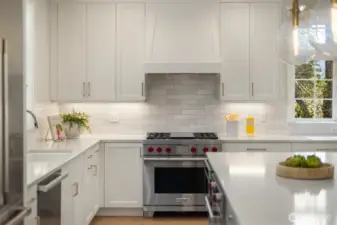 Carrara Grey Quartz Counters. Wolf range plus additional oven in island.