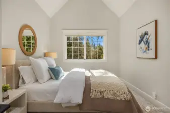 Serena & Lily Pendant and vaulted ceiling, upper bedroom number three.