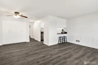 Living room, dining room and kitchen