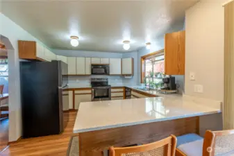 Kitchen features garden window looking to large back yard. Granite counter tops, some newer appliances.