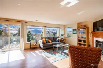 Sunny living area with fireplace