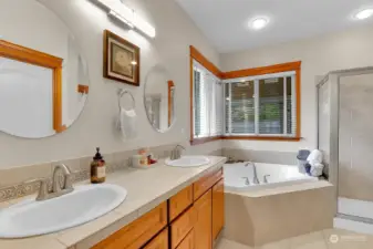 Primary bath with double sink, soaking tub, shower and walk in closet.