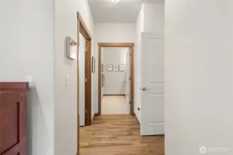 Primary bedroom suite. Hardwood floors and tile in the bathroom