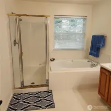 The bathroom has a large soaking tub and a separate step in shower with a stationary and long nozzle head.