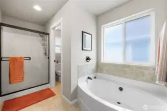 Relaxing and spacious garden tub with privacy window (tons of natural light in this bathroom!), and separate commode room.