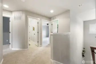 Top of stairs offers this spacious landing; 2 bedrooms on the left, large bedroom/bonus room ahead, laundry on right, and bathroom in the middle!