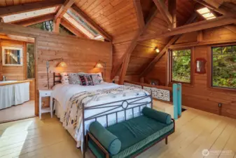 Vaulted ceilings and skylights. Painted board flooring.