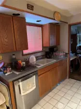 Dishwasher, sink, cabinets and window for natural light