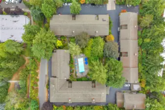 Ariel view showing guest parking up top and all the lovely seasoned plantings surrounding Park Plaza. Unit B-108 is located in the lower left corner with the front door going right out to the courtside pool.