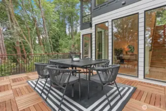 The main floor spaces open to this central deck, which is covered in long lasting Ironwood.