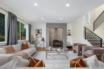 living room with wood burning stove