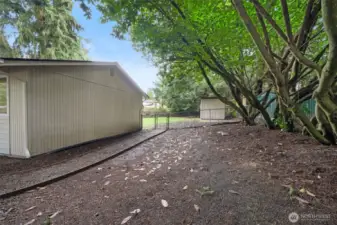 Pathway wraps around the side of the house to the fully fenced backyard.