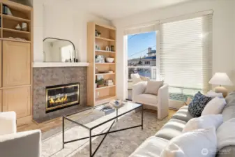 The Living Room has a handsome gas fireplace with bookcases & cabinets flanking it.