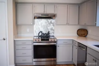 Professionally painted gray wood cabinets and a convenient pantry