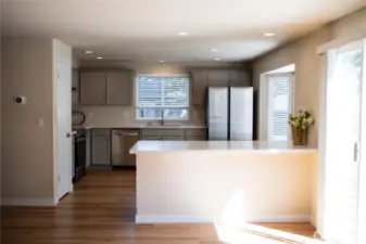 Shining Quartz Countertops and a large Breakfast Bar/Peninsula seen from the family room