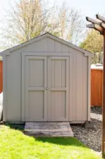 Shed in backyard is perfect for lawn mower and other garden tools