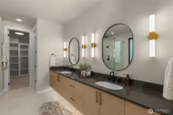 Primary bath with dual sinks and heated tile floors