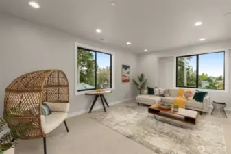 Large media room with built in speakers for 5.1 surround sound