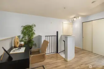 Upper landing with hall closet for additional storage, additional entry/exit door to third level of building featured behind staircase.