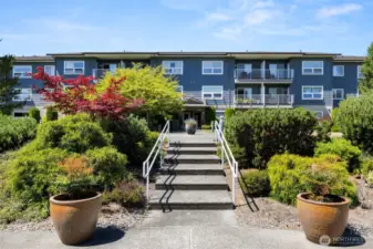 Looking from courtyard, unit is 2nd floor just to the right with the flowers