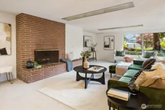 Down the stairs a lovely, large family room with wood burnign fireplace and wall of windows.