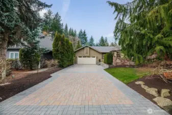 Beautiful paver driveway. Mature blueberry bushes are located left of the driveway.