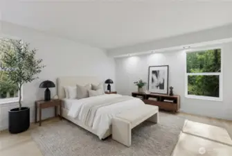 Primary bedroom virtually staged to illustrate potential   furniture placement.