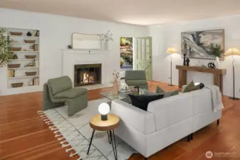 Living room with wood burning fireplace