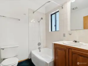 A full guest bath with a shower that can accommodate both adults and children.